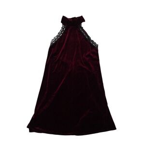 Solemio Los Angeles Burgundy Velvet Lace Trim Halter Mock Neck Mini Dress Medium